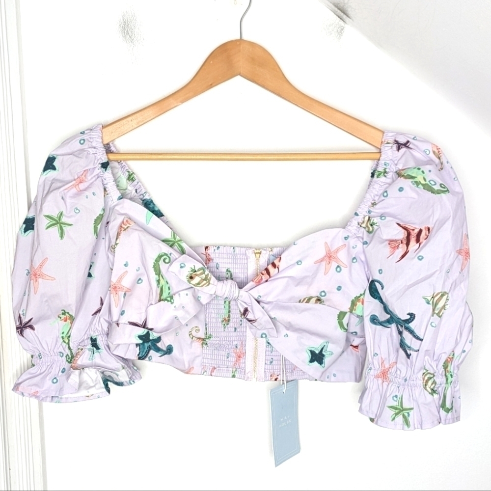 Hill House Sea Life Lavender Puff-Sleeve Crop Top